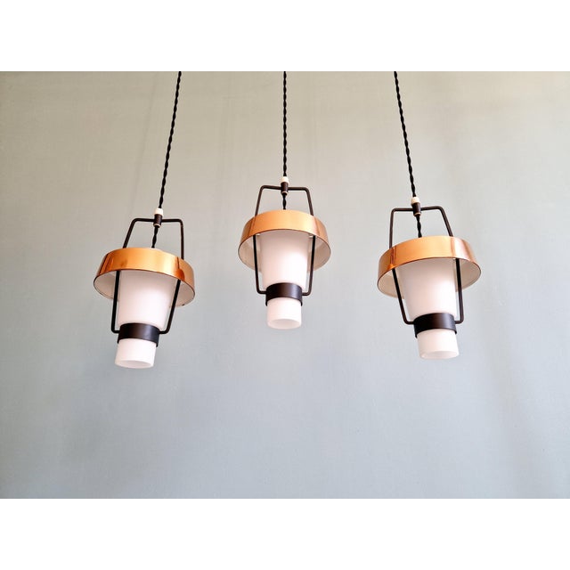 Scandinavian Pendant Lights in White Opaline and Copper Metal, 1960s, Set of 3 For Sale - Image 10 of 18