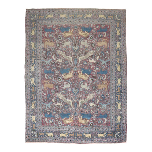 Animal Motif Persian Meshed early 20th Century Rug - 10'1" x 13'5" For Sale
