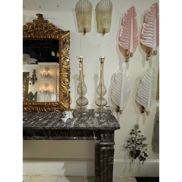 Nice pair of modern Murano glass lamps in Fume' color. Makes an elegant statement! 22h x 7.5w