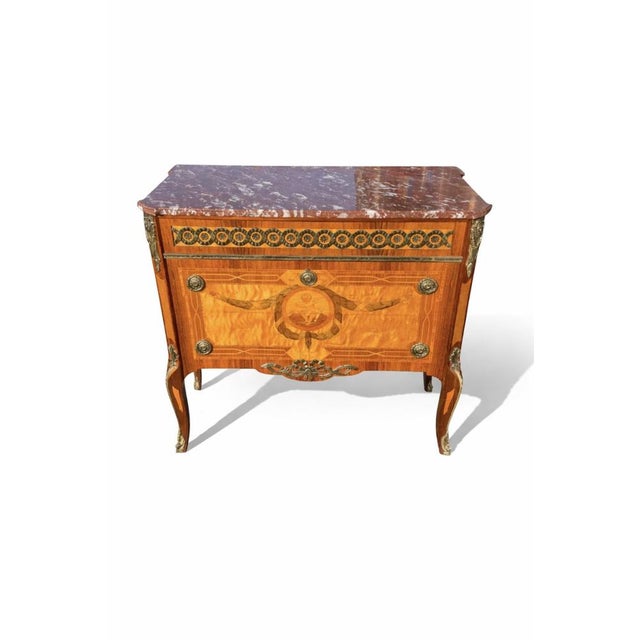 Metal Mid-Century Modern Swedish Gustavian Style Marquetry Commode with Marble Top, 1940s For Sale - Image 7 of 7