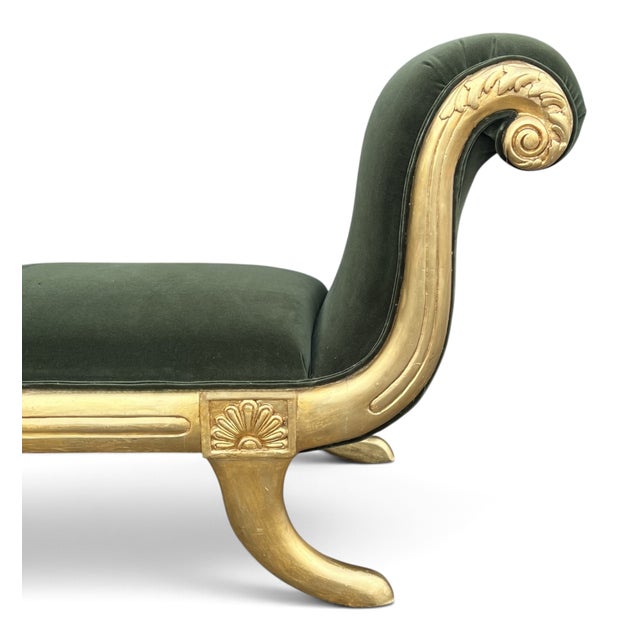 Vintage Hollywood Regency Neoclassical Giltwood Scroll-Arm Bench in Green Velvet For Sale - Image 11 of 12