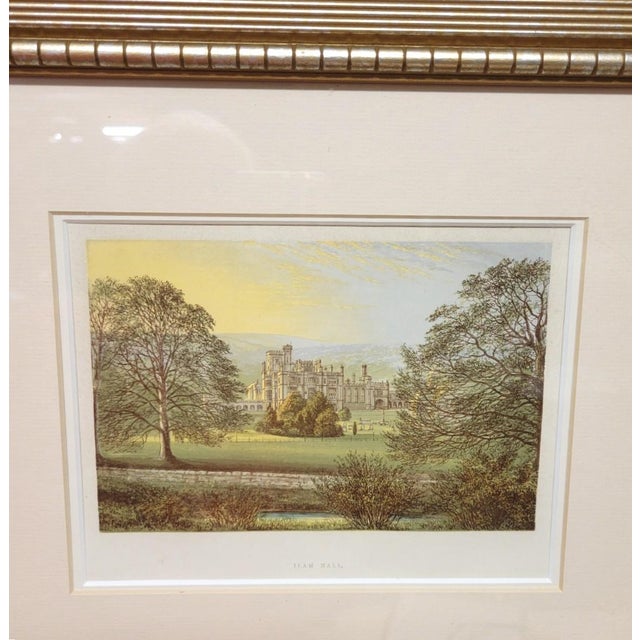 A charming late Victorian color wood engraving depicting Ilam Hall in Staffordshire, England, presented in a later gilt...
