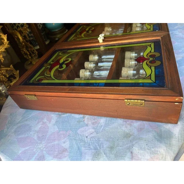 Late 20th Century Vintage Art Deco Style Painted Glass Panel Spice Rack Cabinet With 30 Bottles For Sale In Washington DC - Image 6 of 12