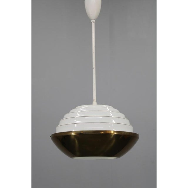 Vintage Brass Pendant Light with Opaline Glass Diffuser, 1950s For Sale - Image 3 of 16