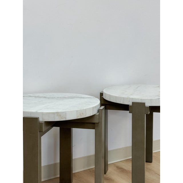Metal Vintage Round End Tables Beige Marble Top Gray Metal Base Pair Modern Accent For Sale - Image 7 of 10