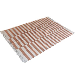 Handmade Cotton Striped Rug, Tan And White 8'x10' For Sale