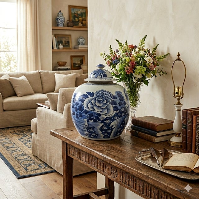 Oriental Blue White Big Flower Porcelain Large Ginger Jar For Sale In San Francisco - Image 6 of 6