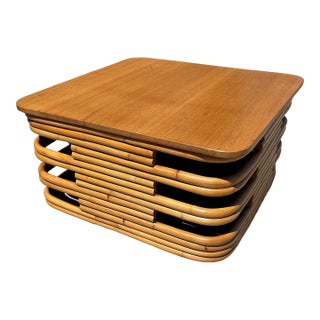 1940s Restored MCM Stacked Rattan Coffee Table W/ Rattan Wrapped Mahogany Top For Sale