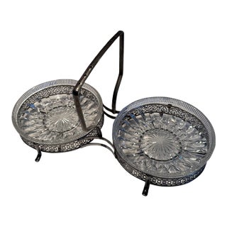 1960s Mid-Century Queen Anne Silver-Plated and Glass Double Jam Server - 3 Pieces For Sale