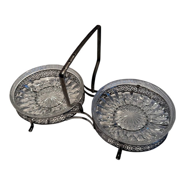 1960s Mid-Century Queen Anne Silver-Plated and Glass Double Jam Server - 3 Pieces For Sale