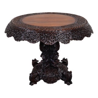 19th Century Burmese Hand-Carved Side Pedestal Table with Mythical Animals For Sale