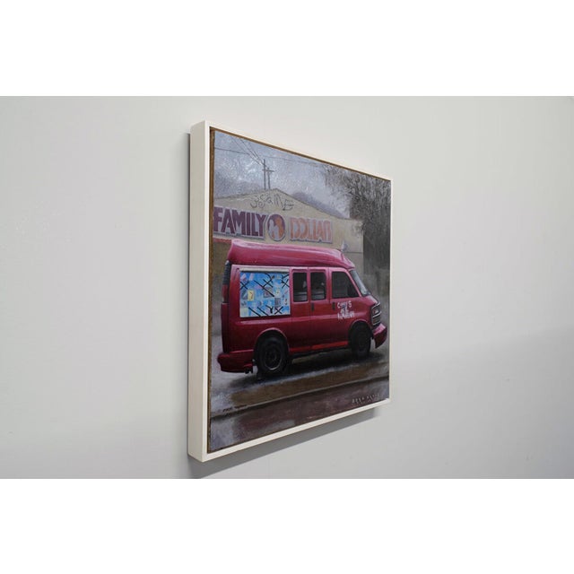 Realism Candys by Brad Davis | Oil on Wood Panel Red ice cream van parked in front of a store. For Sale - Image 3 of 5
