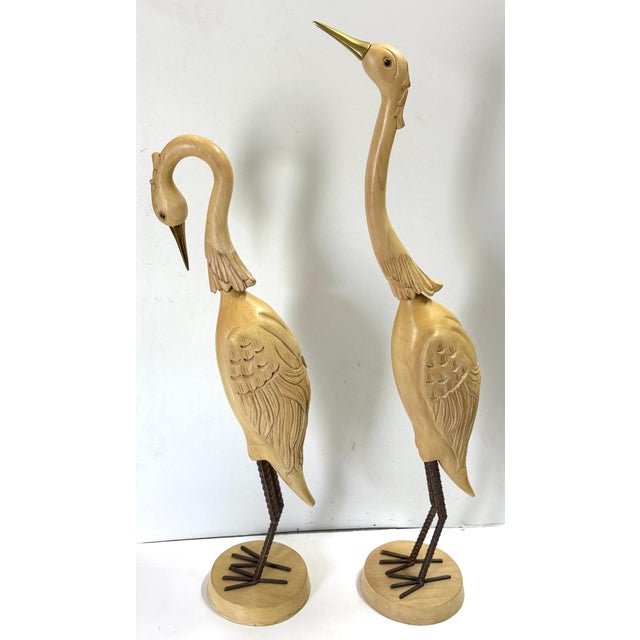 Beige Pair Italian Hollywood Regency Carved Wood, Brass & Iron Heron Sculptures, C1980 For Sale - Image 8 of 11