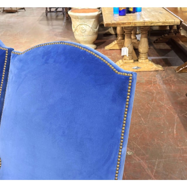 Pair of 19th Century French Louis XIII Walnut High-Back Armchairs With Velvet For Sale In Dallas - Image 6 of 11