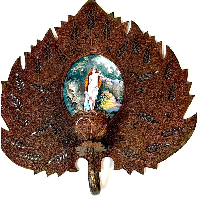 Brown Pair Orientalist Bronze Palmette Candle Sconces Limoges Enamel Bather Plaques For Sale - Image 8 of 15