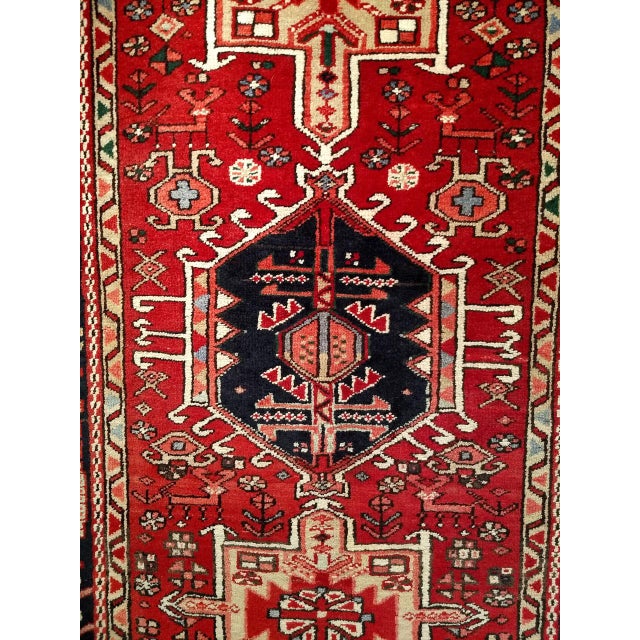 Antique Persian Heriz Karajeh Runner, Hand-Knotted Wool, Geometric Medallion Pattern, Red & Navy, 4x14 For Sale - Image 15 of 18