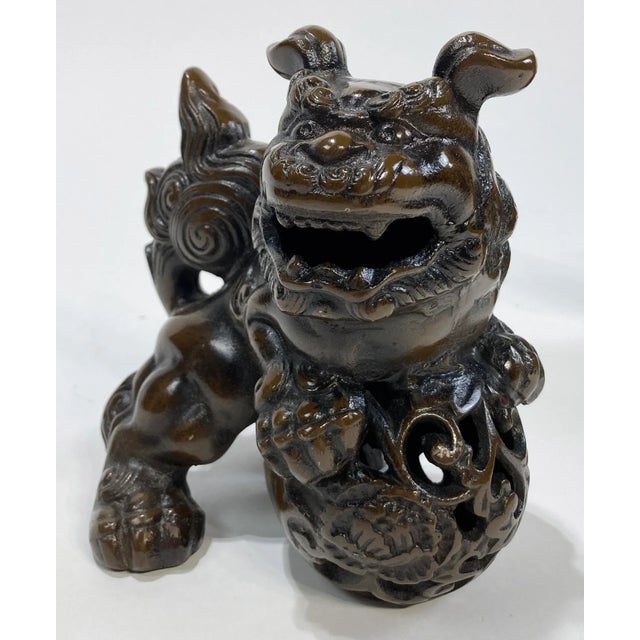 Brown Vintage Foo Dog Figures With Bronze Finish, a Pair For Sale - Image 8 of 10