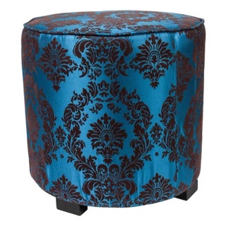 Vintage Moroccan Blue and Brown Cut Velvet Round Pouf Ottoman, Art Deco For Sale