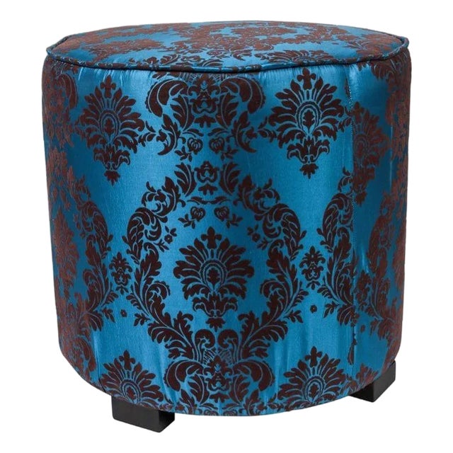 Vintage Moroccan Blue and Brown Cut Velvet Round Pouf Ottoman, Art Deco For Sale