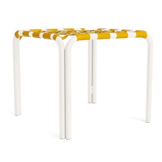 Brown Jordan Kantan Aluminum Stacking Stool/Occasional Table in Chalk with Yellow Vinyl Strapping For Sale