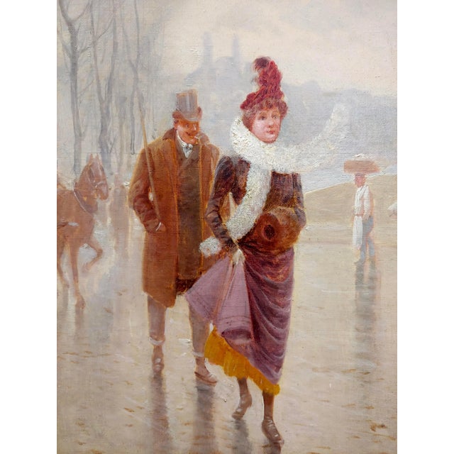 Desire Honore Berard -Husband & Wife Walking the Winter Street -19th C. Oil Painting For Sale - Image 4 of 9