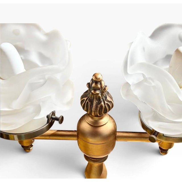 1950s Art Nouveau Style Double Arm Table Lamp With Frosted Floral Shaped Art Glass Shades For Sale - Image 12 of 15