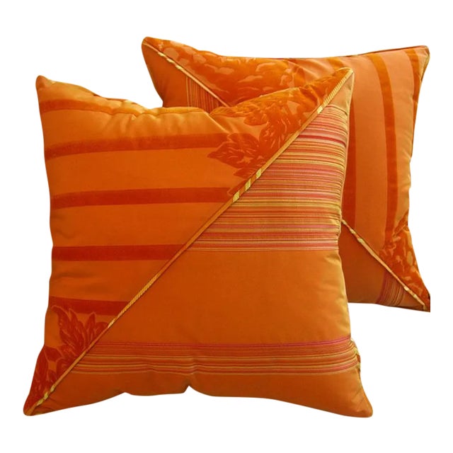 DWM | MALOOS Dia Orange Flocked Pillows - A Pair For Sale