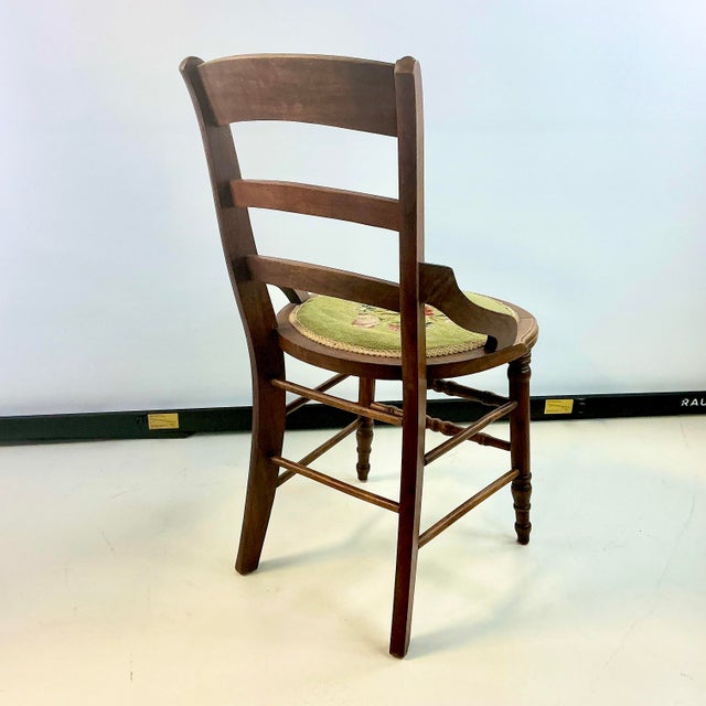 Early 1900s Antique Americana Folk Art Farmhouse Carved Walnut & Needlepoint Side Chair For Sale - Image 10 of 16