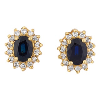 Vintage Sapphire Diamond 14k Gold Cluster Earrings, A Pair For Sale