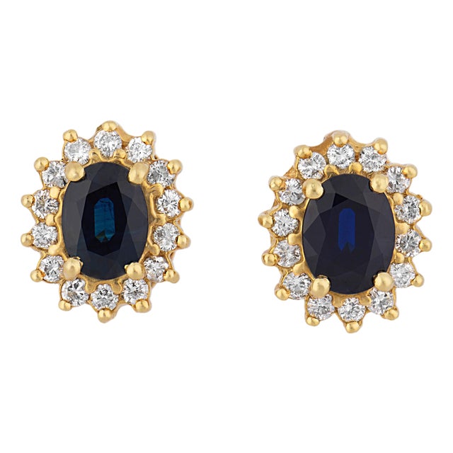 Vintage Sapphire Diamond 14k Gold Cluster Earrings, A Pair For Sale