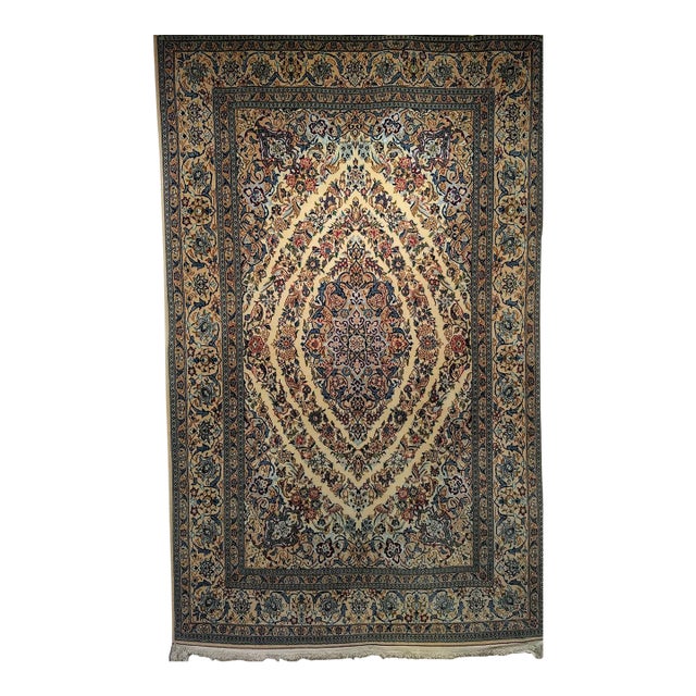 Vintage Nain Area Rug, Hand-Knotted Wool & Silk, Garden of Paradise Pattern, 4x7, Ivory & Blue For Sale