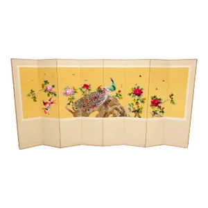 1970s Decorative 8-Panel Silk Embroidery Peacock Scene Room Divider Screen