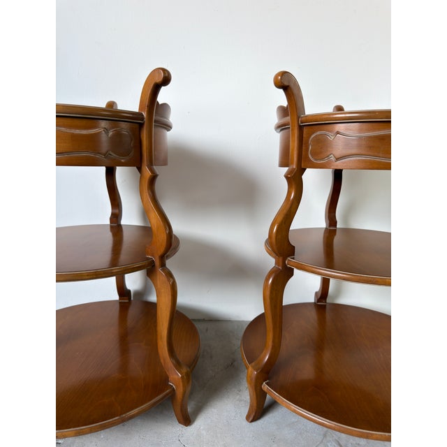 Wood Vintage Grosfeld House Three Tier Walnut Side Tables With Drawer – A Pair For Sale - Image 7 of 12
