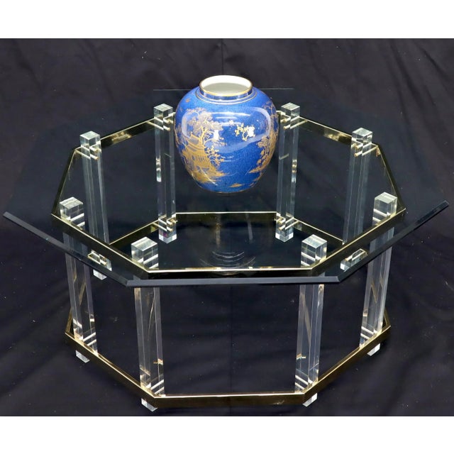Mid 20th Century Lucite Glass & Brass Round Octagon Shape Coffee Table For Sale - Image 6 of 12
