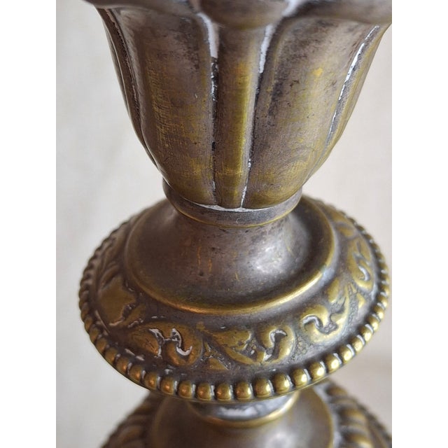 Antique Warsaw Brass Shabbat Candlesticks, 14" Polish Sabbath 19th Century Pair For Sale In Boston - Image 6 of 16