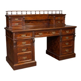 1860s Grand Antique Victorian English Satinwood Executive Desk For Sale