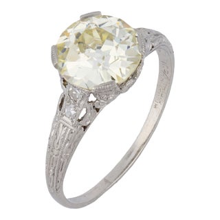 1930s Art Deco Gia 2.40 Carat Old European Cut Diamond Platinum Engagement Ring, Size 8 For Sale