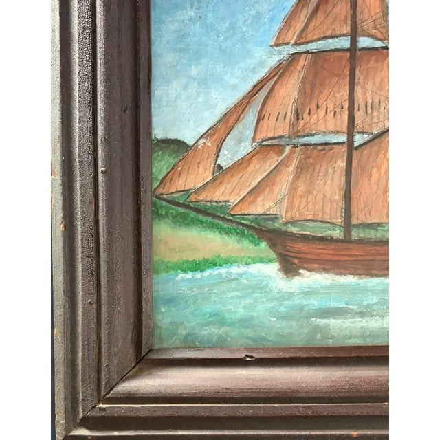 Wood Antique American Folk Art Painting - Clipper Ship With an American Flag For Sale - Image 7 of 10