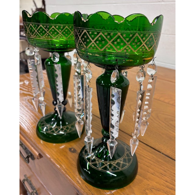 Antique C 1880-1900 Victorian Bohemian Emerald Green Glass Mantle Lustres - Pair For Sale - Image 4 of 14