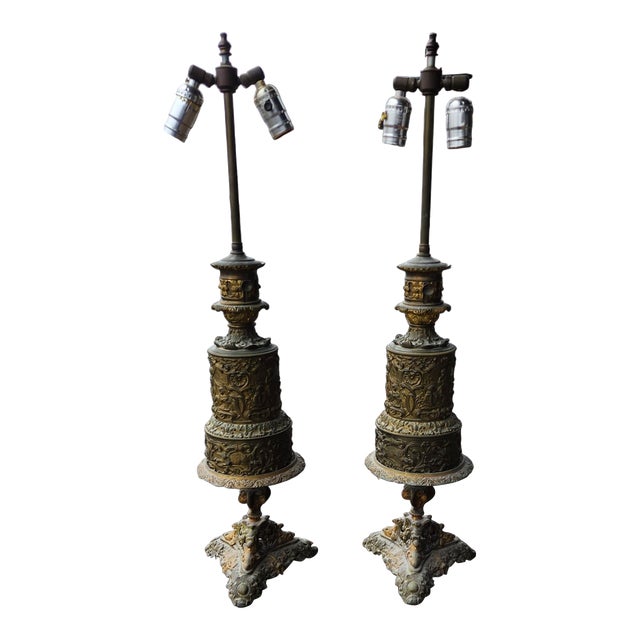 Fine Pair French Mid 19th Century Converted Brass Repoussé Moderator Oil Lamps C1860 For Sale