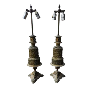Fine Pair French Mid 19th Century Converted Brass Repoussé Moderator Oil Lamps C1860