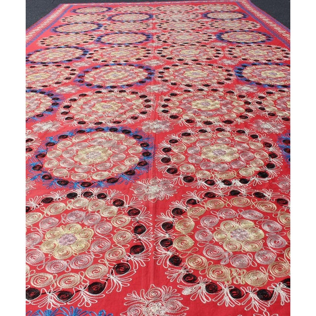 Textile Unusually Large Silk Embroidery Suzani With Soft Red & Beautiful Vivid Colors For Sale - Image 7 of 13
