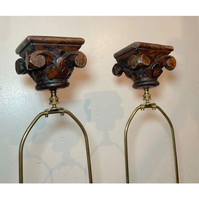 Pair of Antique 1800's Carved Wood Figural Sculpture Architectural Salvage Lamps For Sale - Image 9 of 12