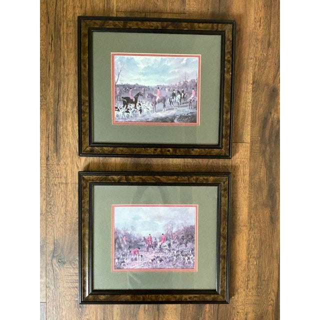 2000 - 2009 Vintage Framed English Fox Hunting Scene Art Prints Burlwood Frame - Set of 2 For Sale - Image 5 of 7