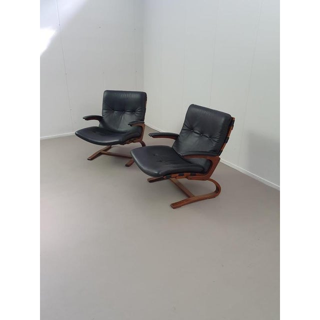 Scandinavian Black Leather Lounge Chairs, Set of 2 For Sale - Image 3 of 14