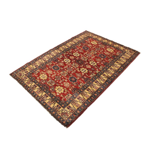 Shabby Chic Rustic Super Kazak Red/Beige Wool Rug - 4'1'' X 5'10'' For Sale - Image 3 of 10