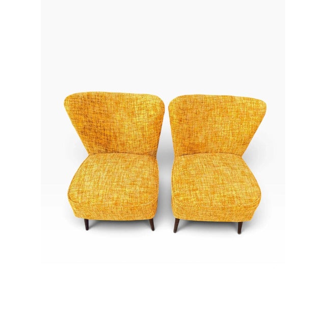 Pair of Danish Modern Cocktail Chairs | Curved Winged Backs in Golden Mustard Tweed | Tapered Wood Legs | C. 1950s For Sale - Image 4 of 15