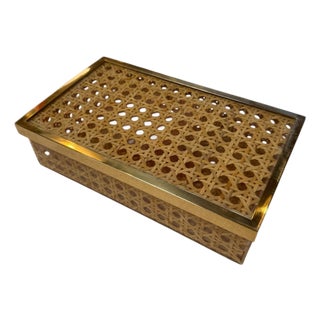 Vintage Lucite & Woven Rattan Storage Box With Brass Trim For Sale