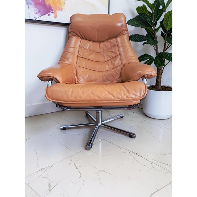 Metal Set of Mid-Century Modern Leather Lounge Chair and Ottoman from Skoghaug Industri, 1980 For Sale - Image 7 of 18
