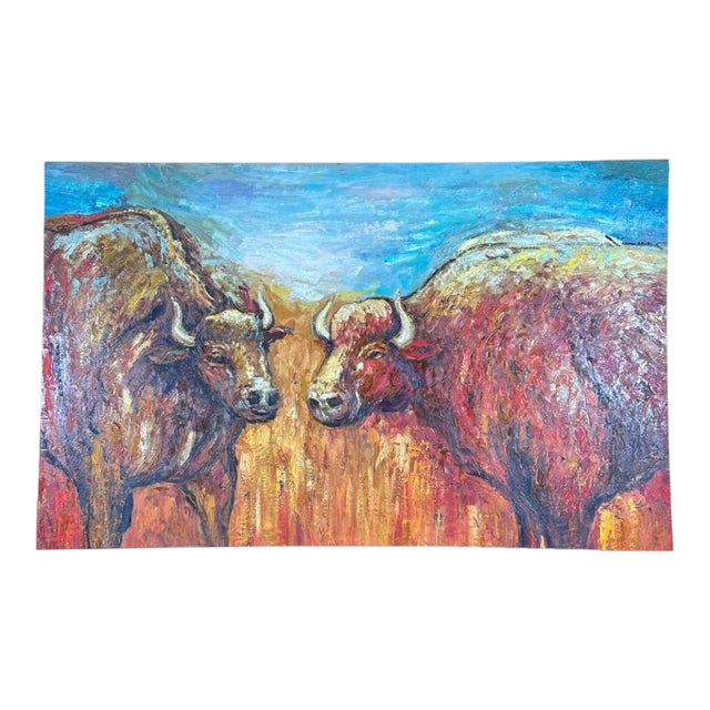 Late 20th Century Oversized Mid-Century Western Expressionist Bison Buffalo Original Impasto Oil Painting Gallery Wrap Canvas For Sale